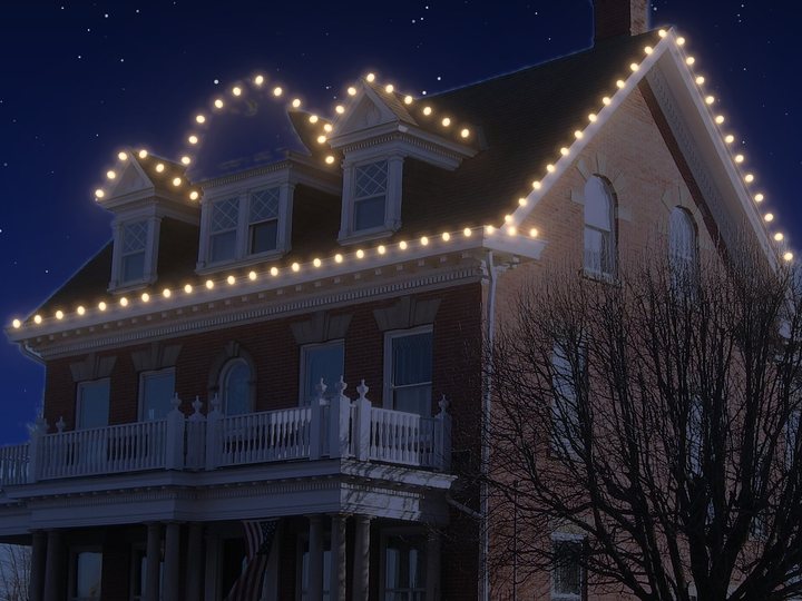 C9 lights along the roofline, gables and dormers.